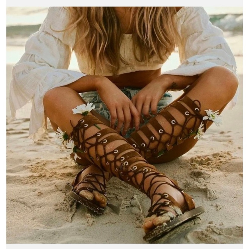 Free People Sun Chaser Tall Gladiator Sandals Brown Lace Up Suede Leather 38.5